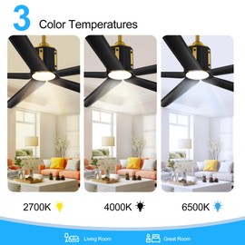 60" Ceiling Fans with Lights Remote Control, 5-Blade, Reversible DC Motor, 6-Speed, 3 Color Light, Timer, Modern Ceiling Fan with Led Light Chandelier for Bedroom Living Room, Gold & Black