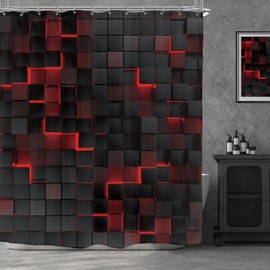 Riyidecor Black Red Shower Curtain 60Wx72H Inch Abstract Wall Brick Modern 3D Gradient Design Futuristic Cubes Geometric Plaid Man Boys Cool Bathroom Decor Fabric Polyester Waterproof 12 Pack Hooks