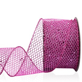 Rose Red Glitter Mesh Ribbon for Gift Wrapping Bow Making Fuchsia Web Mesh Wired Mesh Ribbon for Tree Decor Floral Bouquets Holiday Crafts Wedding Birthday Party Decor DIY Crafts 2.5" x 10 Yard