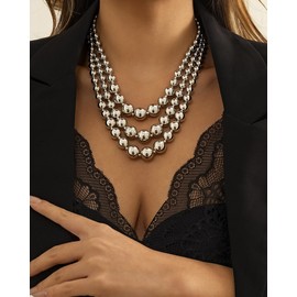 CLOORDE Chunky Silver Beaded Necklace for Women Silver Beaded Layered Necklaces Trendy Hip Hop Style Statement Ball Necklaces Exaggerated Jewelry Accessories Gifts