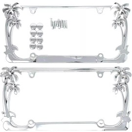 BLVD Tropical Palm Tree Chrome Polished License Plate Frame (2 Frames) with Cap