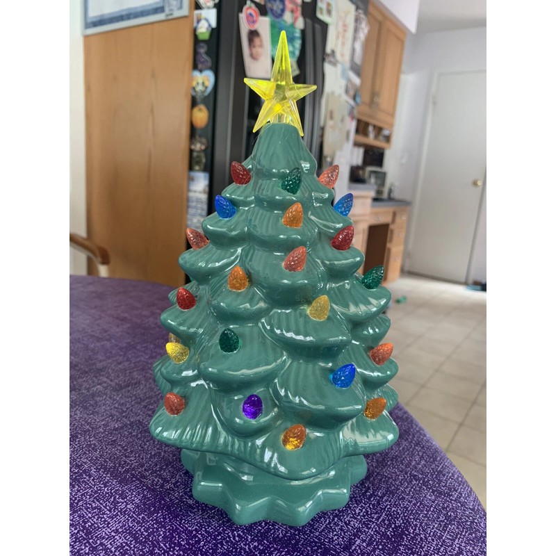 Ceramic Christmas Tree Large Green Tabletop Tree Multicolored Lights 11"