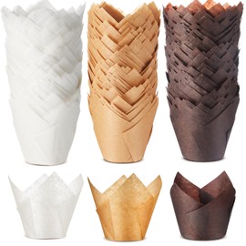 Motiskyy 300 Pcs Jumbo Muffin Liners for Baking 2-1/4" x 4" Large Tulip Cupcake Liners Greaseproof Cupcake Wrapper Paper for Weddings Birthday Christmas Anniversaries Party(Light Brown, White, Brown)