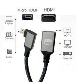 Seadream 4k Angled Micro HDMI to HDMI Adapter Cable 2Pack Nylon Braided 90°Degree Left Angled Micro HDMI Male to HDMI Female Cable 4K@60Hz HDR 3D 18Gbps (Left Angled)
