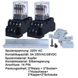 2 x Electromagnetic Relay 220 V AC 5 A Coil Power Relay 14 Pins 4NO 4NC HH54PL MY4 Changer with Indicator Light with Socket with DIN Rail DIN Rail Relay DIN Rail Base