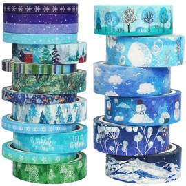 YUBX Winter Masking Tape Set of 19 Blue Washi Tape Snow Silver Foil Stamping Thin Strip DIY Craft Journal Planner Scrapbook Wrapping Gift Decoration