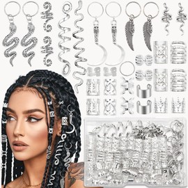VENOFEN 122PCS Silver Hair Jewelry Snake Loc Charms Braids Clips Multi Style Hair Cuffs Rings Metal Dreadlock Beads Accessories Decoration for Women and Men