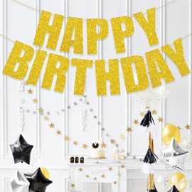 Gold Glitter Happy Birthday Banner Sign Wall Door Banners for Women Men Boys Girls Birthday Party Backdrop Garland Decorations, Letters Name Banners Large