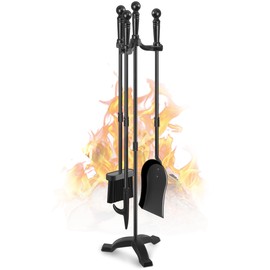 Gtongoko Fireplace Tools Set 4 Pcs 30 Inch Black Wrought Iron Large Fire Tool Set for Outdoor/Indoor Include Chimney Poker, Antique Shovel, Rustic Brush and Stand Accessories Set