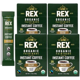 Rex Coffee Organic Fairtrade Decaf Freeze-Dried Instant Sticks – Naturally Decaffeinated Arabica, 100 Single-Serve Packs, Mountain Water Process
