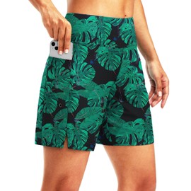 Women's 7" Long Swim Board Shorts High Waisted Quick Dry Beach Swimming Shorts for Women with Liner Pockets(Leaf,L)