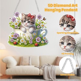 MOGTAA Cat Hanging Diamond Art Painting Kits for Adults Beginners, 5D Special Shape Diamond Art Pendent Kits, Flowers Crystal Rhinestones Diamond Painting Gem Art for Home Decor