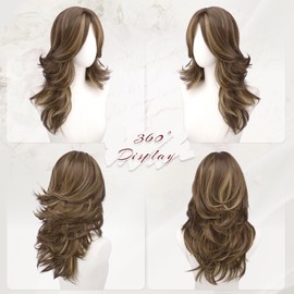 FESHFEN Brown Mixed Blonde Wavy Layered Wig with Curtain Bangs for Women, 20 Inch Long Synthetic Natural Looking Middle Part Hair Wig For Costume Party Daily Use