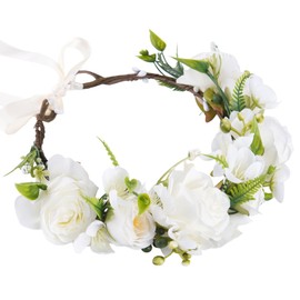 KorViSHOW White Flower Crown Headband, Adjustable Bridal Boho Floral Headpiece, Fairy Woodland Rose Flower Headbands for Women Girls Maternity Birthday Wedding Festival Party Hair Accessory