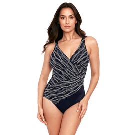 Miraclesuit Women's Swimwear DD-Cup Linked in Colorblock Oceanus V-Neck Soft Cup One Piece Swimsuit, Black/Multi, 10DD