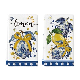Artoid Mode Lemon Bow Flowers Chinoiserie Summer Kitchen Towels Dish Towels, 18x26 Inch Farmhouse Decoration Cleaning Set of 2