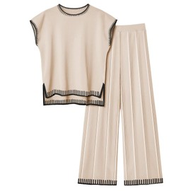 Ekouaer Womens Matching Sets Knit Sweater Sets 2 Pieces Outfits Pullover Tops Wide Legs Pants Lounge Set Beige