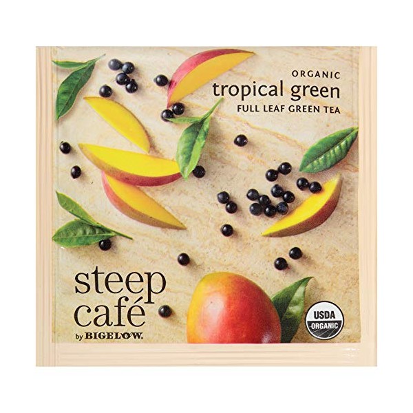 Steep Café Organic Tropical Green Tea, 50 Bags per Box, Single Source, Premium Whole Leaf Teas in a Sachet Pyramid Bag, Individually Wrapped in a Foil Pouch, Hot or Iced, by Bigelow Tea