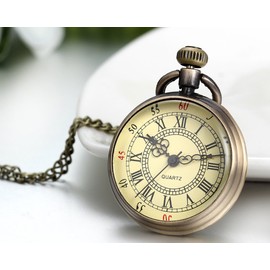 JewelryWe Retro Vintage Roman Numerals Dial Quartz Transparent Glass Lid Pocket Watch Long Necklace Pendant 31.7 Inch Chain (with Gift Bag)