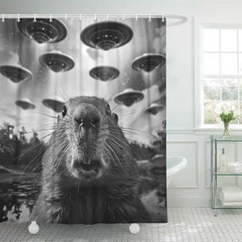 DeeCabin Funny Shower Curtain, Whimsical Capybara Selfie with Weird UFOs, Retro Black White Funny Humorous Shower Curtain Set, Bathroom Decor Set with Hooks, 70X70IN