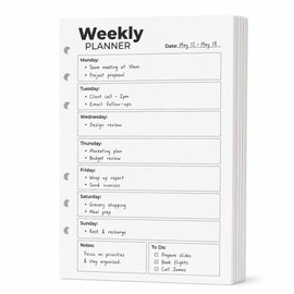 A5 Weekly Planner Inserts, Undated 6-Hole Refill Pages with Monday-Sunday Layout, Notes & To Do, 53 Double-Sided 100gsm Sheets, 5.8 x 8.3 in