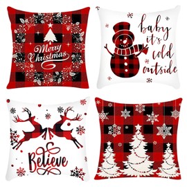 MAQIAO 4pcs Christmas Pillow Covers 18x18inch Black & Red Buffalo Plaid Throw Pillow Covers, Holiday Rustic Linen Print Throw Pillow Case Christmas Decorations for Sofa Couch Home Decor(lu)