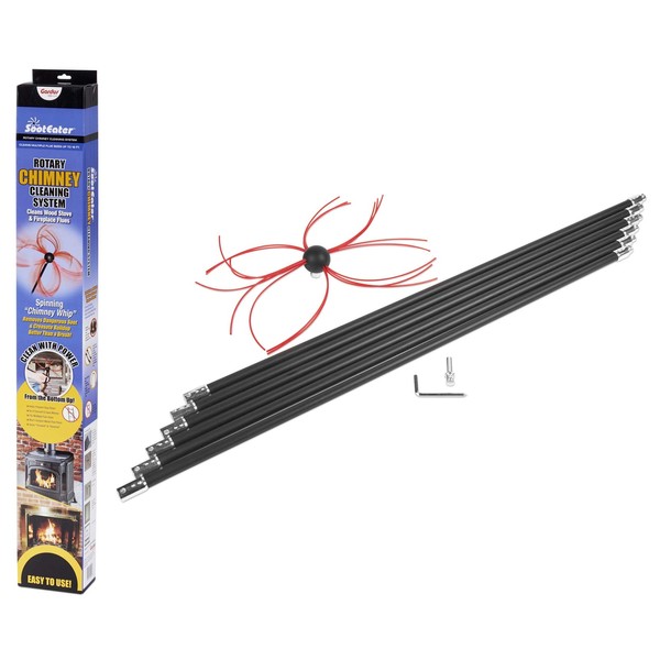 SootEater Rotary Chimney Cleaning System - Gardus RCH205-B Chimney Sweep Kit, Cleans Open Chimneys up to 18' with 6 Flexible 3' Rods, Chimney Cleaning Kit with Trim-to-Fit Spinning Chimney Whip