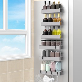HuggieGems 6 Pack Magnetic Spice Rack Organizer for Refrigerator and Oven, Light Grey Fridge Organizers and Storage for Kitchen