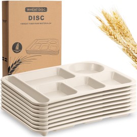 Pinkunn 8 Pcs Large 14 Inch Wheat Straw Divided Plates Unbreakable Divided Plates Dinnerware Set Microwave Dishwasher Lunch Tray Lightweight Plates(Beige)