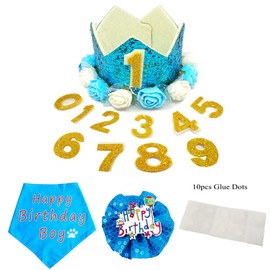 PET SHOW Blue Crown Dog Birthday Party Hat with Bandana and Collar Bows Charms Costume Set Reusable Birthday Party Headband Puppies Cat Kitten Hats with 0-9 Figures Charms Grooming Accessories