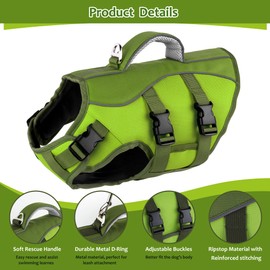 Petglad Dog Life Jacket, Reflective Dog Harness Life Vest with Rescue Handle for Swimming Boating, Adjustable High Buoyancy Flotation Swim Vest for Small Meium Large Dogs - Army Green, M