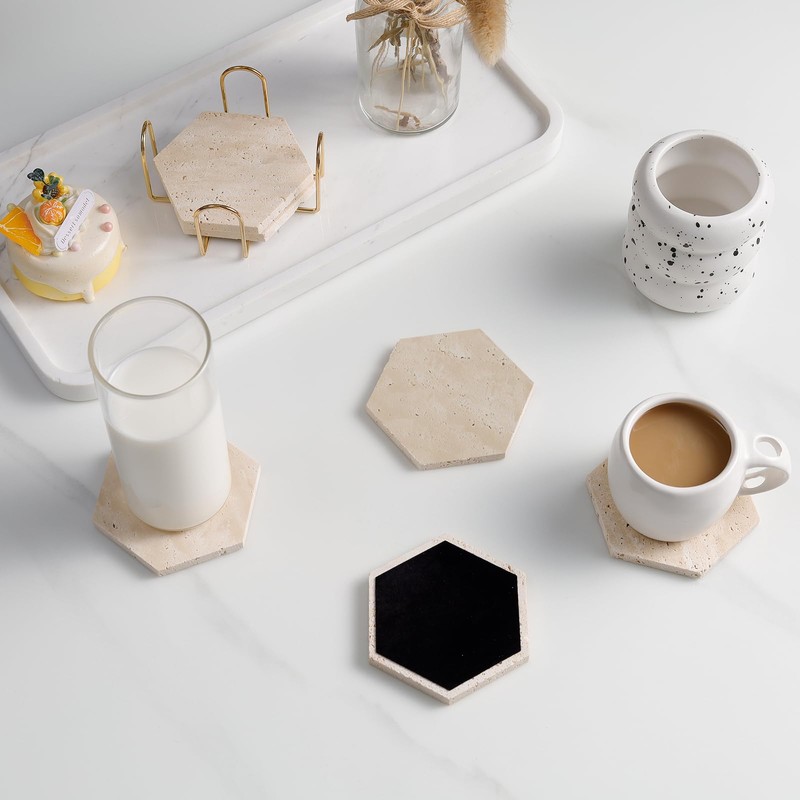 YONGHEE Travertine Coasters Set of 6 with Holder, Hexagonal Rustic