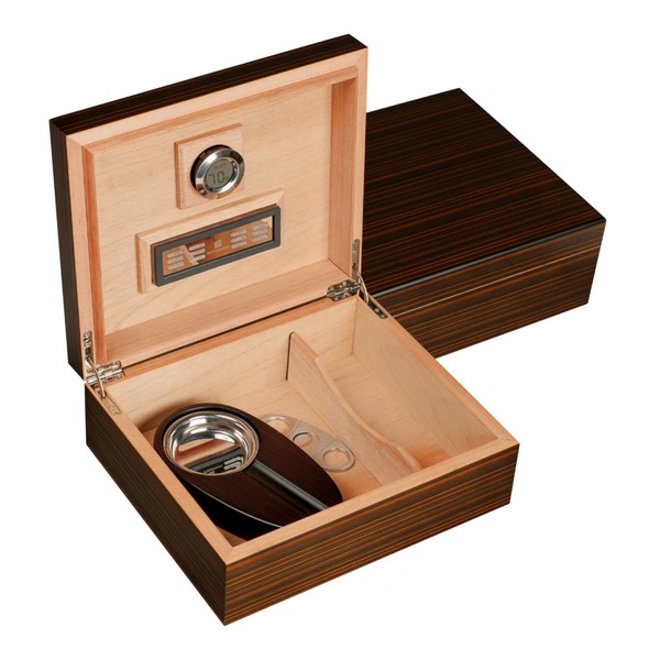 Woodronic Cigar Humidor Box with Accessories for 30-50 Counts, Cigar Starter Kit with Digital Hygrometer, Crystals Humidifier, Cigar Cutter, Ashtray, Spanish Cedar Lining & Divider, Gift for Fathers