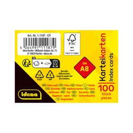Idena 11187 - Index Cards DIN A8, Pack of 100, Lined, Flashcards Made of 180 g/m² FSC Mix Paper in White, for School and Office
