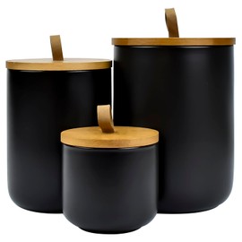 Ceramic Canister Set with Wooden Lid, 3 Pieces Ceramic Storage Jars for Kitchen Counter - Flour, Sugar, Coffee, Tea, Small Food Storage Jar