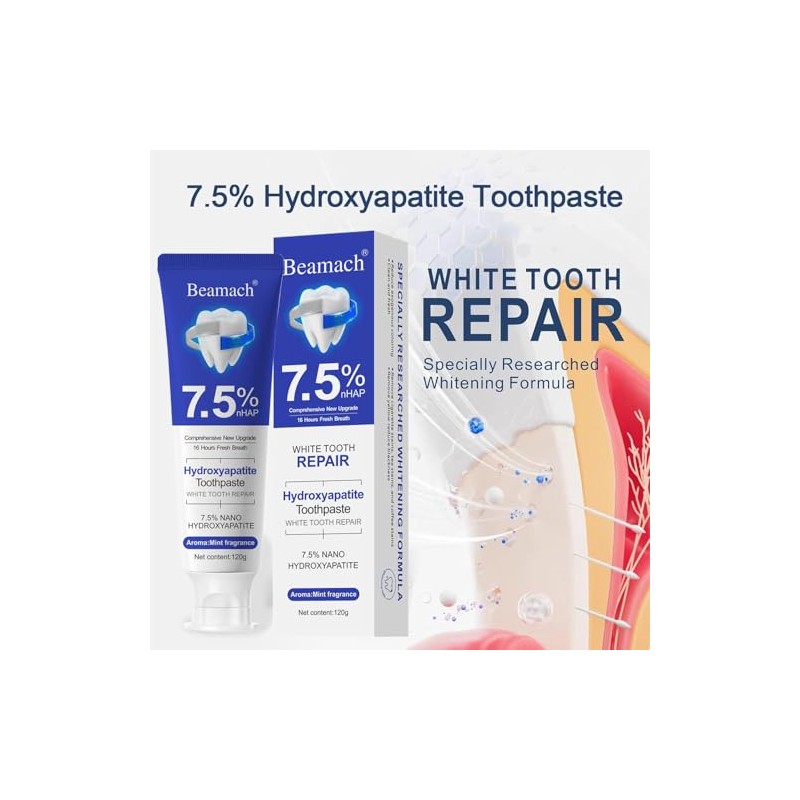 Beamach Hydroxyapatite Toothpaste, Nano 7.5% Hydroxyapatite Toothpaste, Whitening Tooth Repair,
