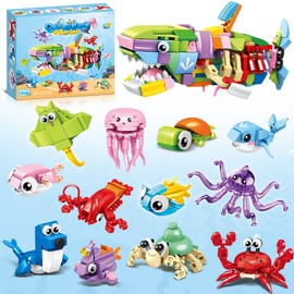 HIGH GODO 12 Pack Party Favors for Kids Building Set, 12 in 1 Shark Marine Animals Building Blocks Toy for Goodie Bag Stuffers Classroom Prizes, Easter Birthday Gift for Boys Girls 8+ (353pcs)