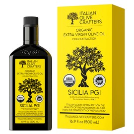 Italian Olive Crafters, Polyphenol Rich Organic Extra Virgin Olive Oil, 16.9 fl oz - Organic Olive Oil Extra Virgin Cold Pressed Glass Bottle