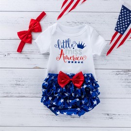 Nicoxijia Newborn Baby Girls 4th of July Outfits Ruffle Sleeve Star Print Romper Bloomers Shorts Set Independence Day Clothes (D-White, 0-3 Months)