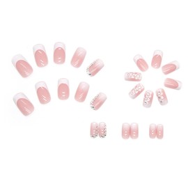 ASONRL 24 Pcs Press on Nails - Medium Long Square French Tip Pink False Nails Art with Flower Rhinestones Accents, Glue On Nail Designs Reusable False Nails for Women, White Pink Flowers