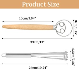 2-Piece Set, 10 Bead Stainless Steel Whisk & Dough Mixer with Oak Handle, Danish Whisk Suitable for Baking, Cooking, Mixing