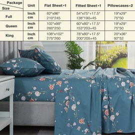 Puralens Floral Percale Bed Sheets Full Size Light Blue 4Pcs Set, Shabby Rose Print Chic 100% Cotton Fitted Sheet Set for Deep Mattress, Soft Crisp Toile Bedsheets, Luxury Vintage Boho Bedding