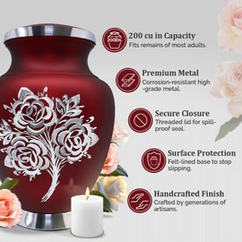 Rose Cremation Urn for Ashes for Women & Men - Handcrafted Rose Urns for Human Ashes Adult Female & Male - Funeral Urns for Women - Honor Your Loved Ones with Decorative Urns (Red, Large)