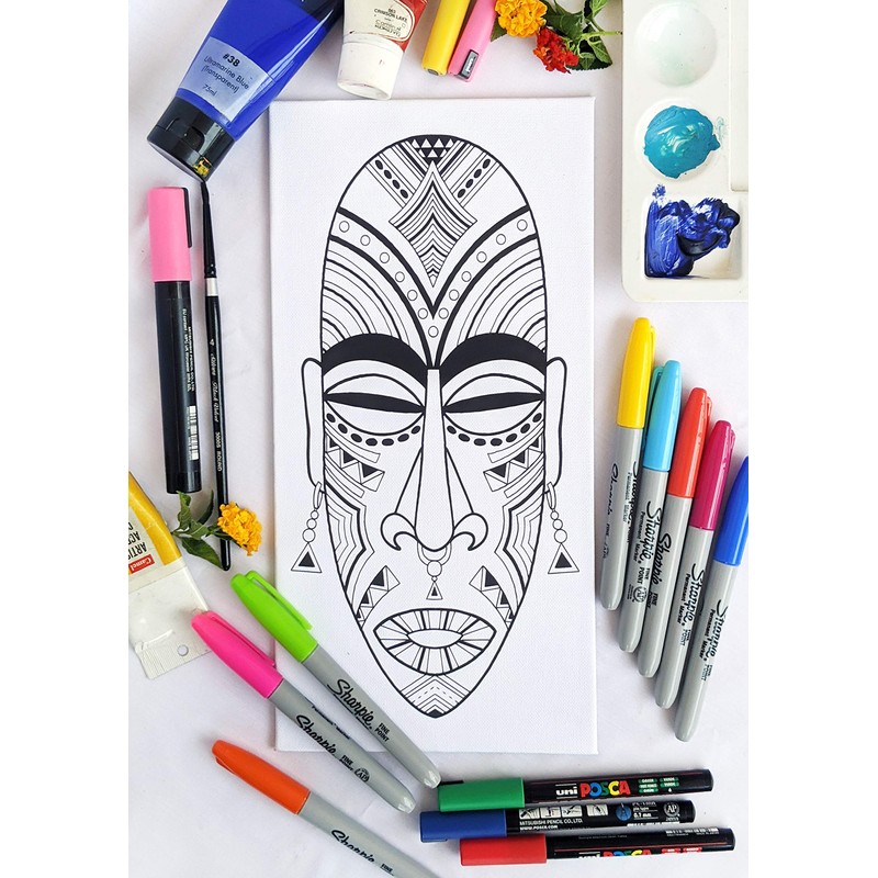 Tribal African Mask - Coloring Canvas For Adults, Stretched primed