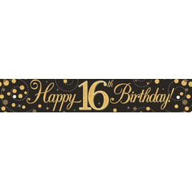 9ft Banner Sparkling Fizz 16th Birthday Black & Gold Holographic