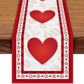 Valentine's Day Heart Table Runner 72 x 13 Inch Decorations, Red Linen Burlap Hearts Pattern Table Cover for Romantic Special Night, Anniversaries, Engagement, Kitchen Dining Fireplace Mantel Decor