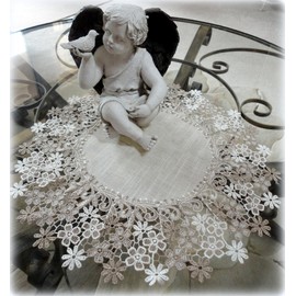 Galleria di Giovanni Linen Gift Set Sophisticated Floral Lace Dresser or Mantel Scarf 65" Neutral Earth Tones Plus Two Large Doilies Table Topper