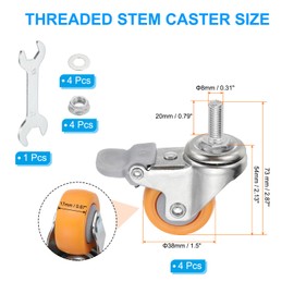PATIKIL 1.5 Inch Stem Caster Wheels with Brake Set of 4 Low Profile Threaded Shelf Swivel Wheel M8 x 20 mm Total Load 165 Lbs for Furniture Cart Wire Shelving Racks Leveling, Orange