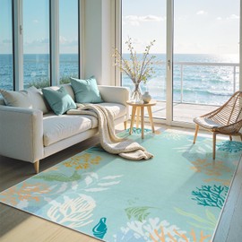 Seavish 5x7 Coastal Rugs for Living Room, Aqua Green Ocean Rugs for Bedroom Aesthetic, Soft Non Slip Nautical Nursery Rug, Low Pile Seaside Velvet Floor Carpet for Dining Room Office Playroom Porch