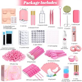 QUKLOGEN Lash Extension Kit for Beginners Lash Mannequin Head with Replaced Eyelids False Eyelashes Practice Eyelash Strips Facial Mister Tweezers Glue USB Fan Professional Set